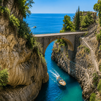Boat passes under stone bridge in a rocky coastal gorge.