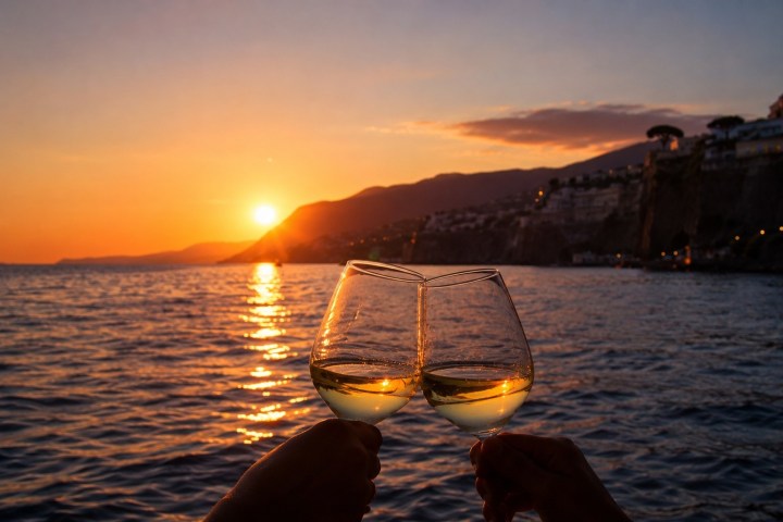 Two wine glasses clinking against a sunset over a coastal landscape.